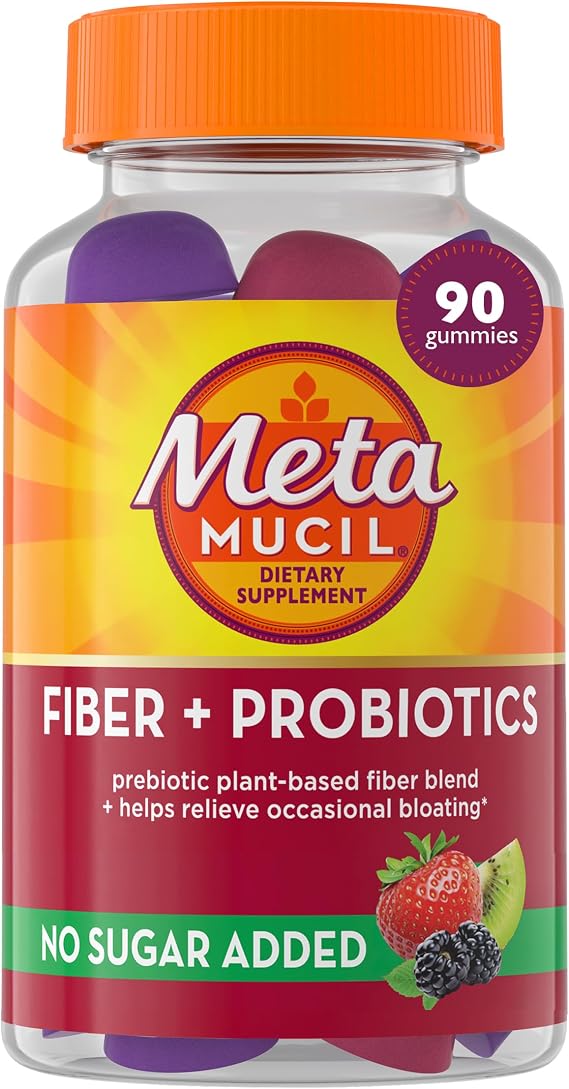 Metamucil Fiber Gummies for Adults with Probiotics for Bloating Relief, No Sugar Added Strawberry Kiwi BlackBerry Flavors, 5g Prebiotic Plant Based Fiber Supplement Blend, 90 Count
