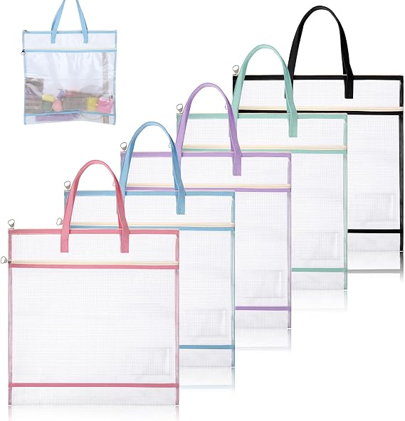 5 PCS Sew Project Bags 16 X 16 Inch Quilting Craft Organizer Storage Bags with Handle and Pocket, 5 Colors Transparent Mesh PVC Needlepoint Sewing Bag for Knitting Stitching Embroidery Cross Stitch