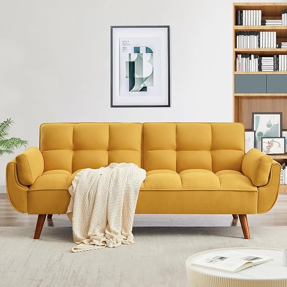Convertible Futon Sofa Bed, Linen Sleeper Couch, 75" W Modern 3 Seater Tufted Sofa with Adjustable Backrests and Solid Wood Legs for Small Spaces, Living Room, Bedroom, Golden Yellow