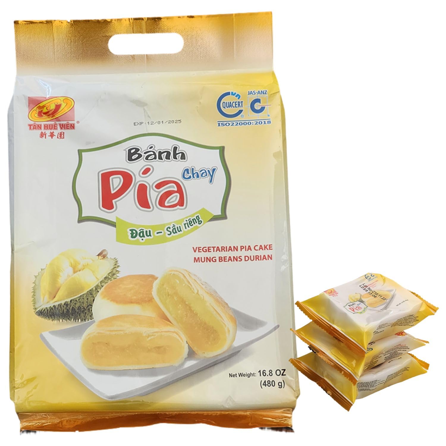 Hopia Mini Cake Tan Hue Vien Banh Pia - Authentic Vietnamese Cake with Mung Bean and Durian Flavor, 12 Counts