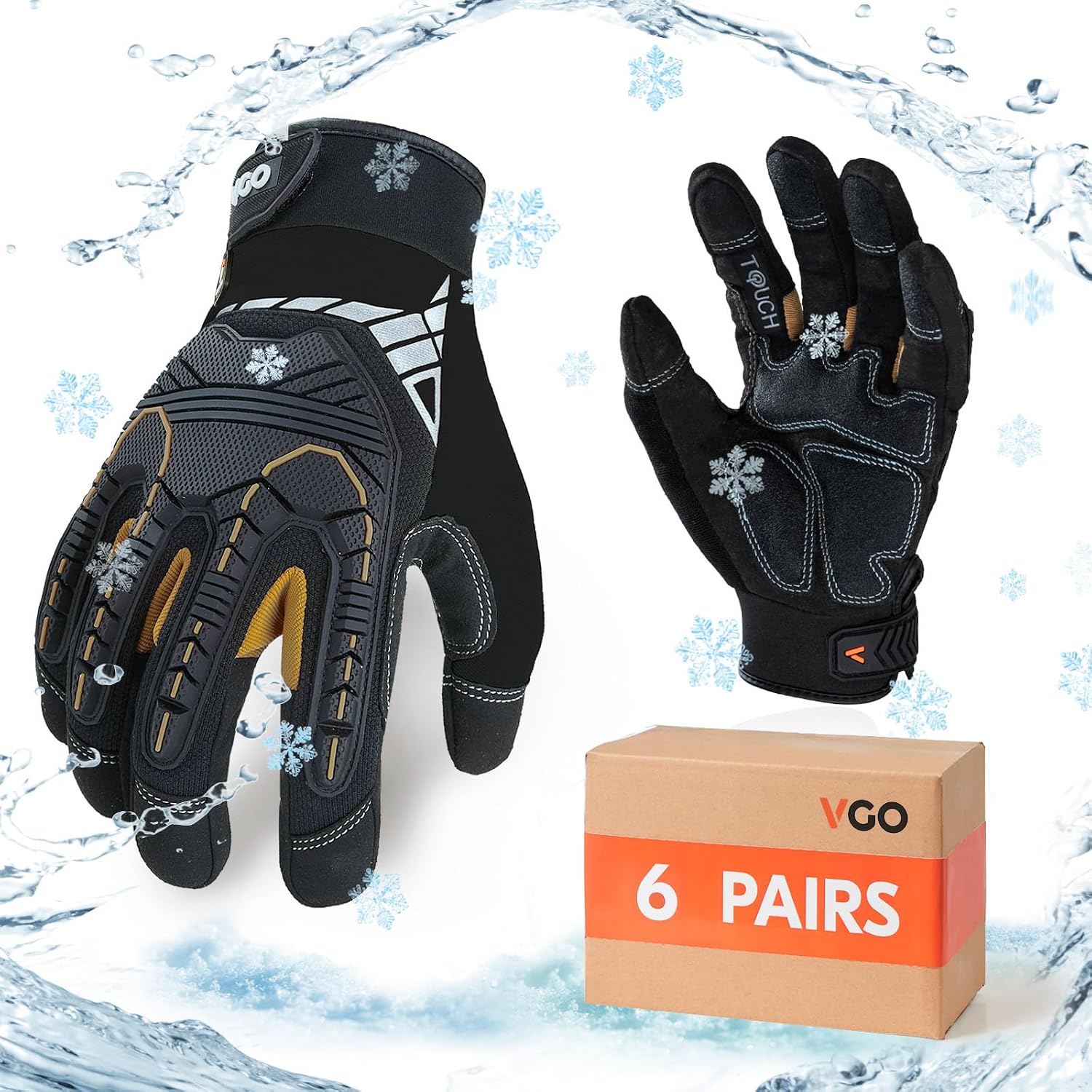 Vgo... 6Pairs 0℃ Winter Mechanic Gloves,Waterproof Heavy Duty Work Gloves3M Thinsulate Lining,Impact Vibration Reduction