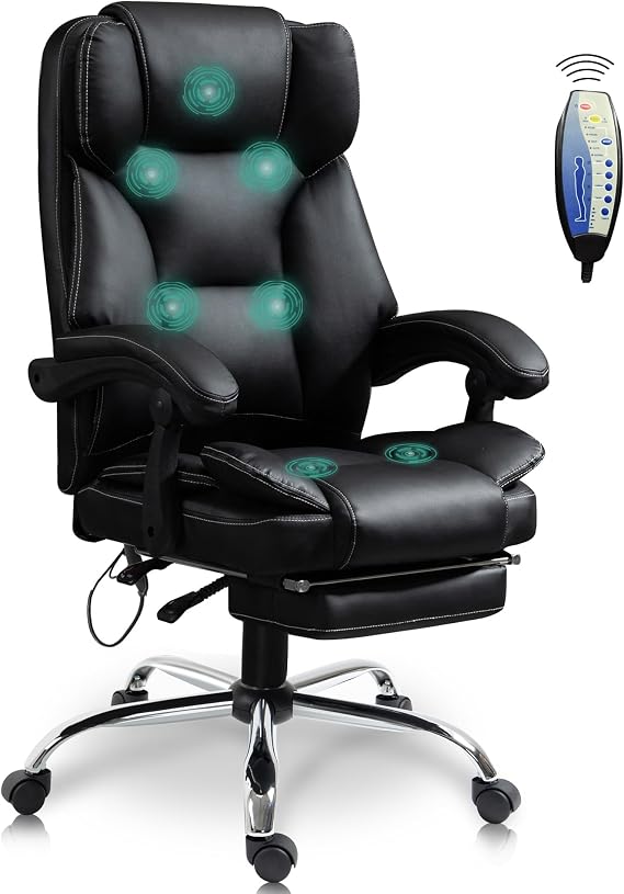 Massage Office Chair with Footrest,Ergonomic Executive Home Office Chairs,Faux Leather and Adjustable Height Swivel Recliner Computer Chair (Black)