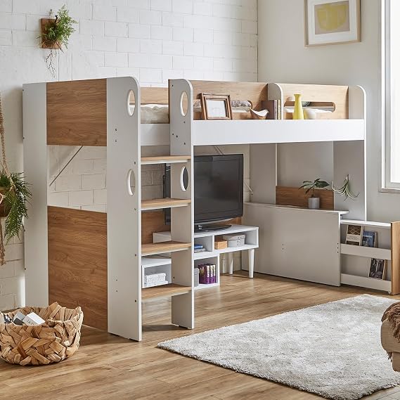 Single High-Type Loft Bed with Headboard, Bed Storage, Children's Room, System Bed, Storage, Storage Included, Wooden Frame, Children, Kids, Natural x White