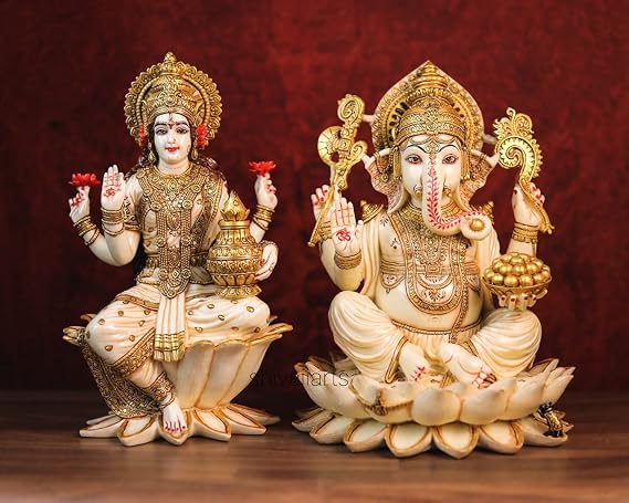 SHIVAJIARTS Lakshmi Ganesh Statue, 31 cm Big Hand Painted Dust Marble Ganesha Lakshmi Idols, Laxmi Ganesha Murti, Hindu Gods Statue for Diwali Puja.