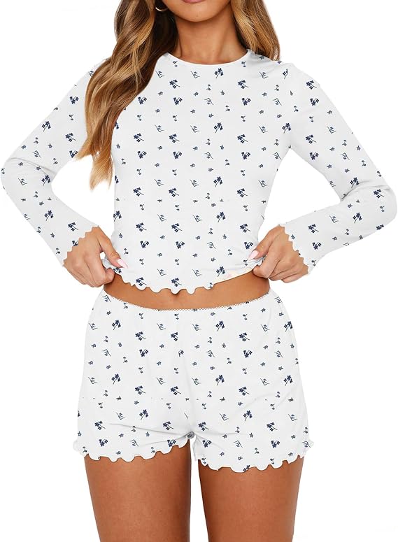 Lacozy Cute Pajama Sets for Women 2 Piece Floral Print Fall Pj Set Woman Long Sleeve Crop Top and Short Y2K Sleep Set