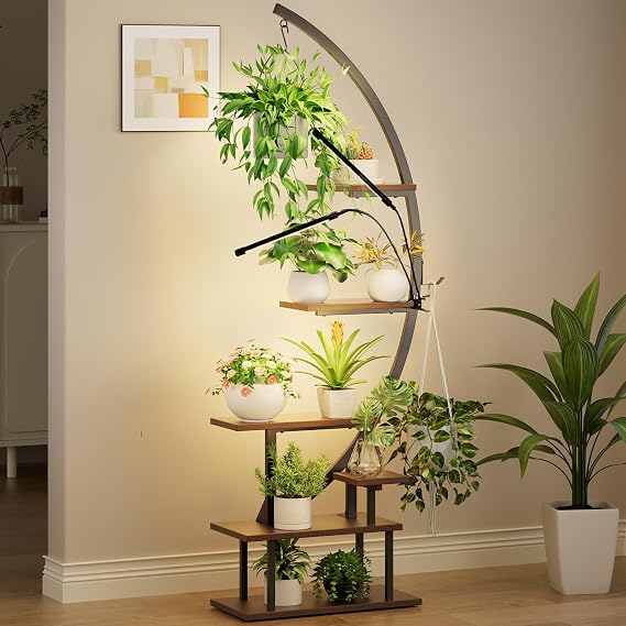 GREENSTELL Plant Stand Indoor with Grow Lights, 7-Tiered Tall Metal Plant Stand for Indoor Plants, Half-Moon Shape Display Shelf for Home,Living Room, Patio, Brown (1 Pack)