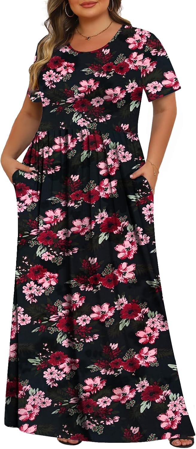 Tencede Womens Plus Size Maxi Dresses Summer 2025 Casual Short Sleeve with Pockets Long Dress XL-5XL