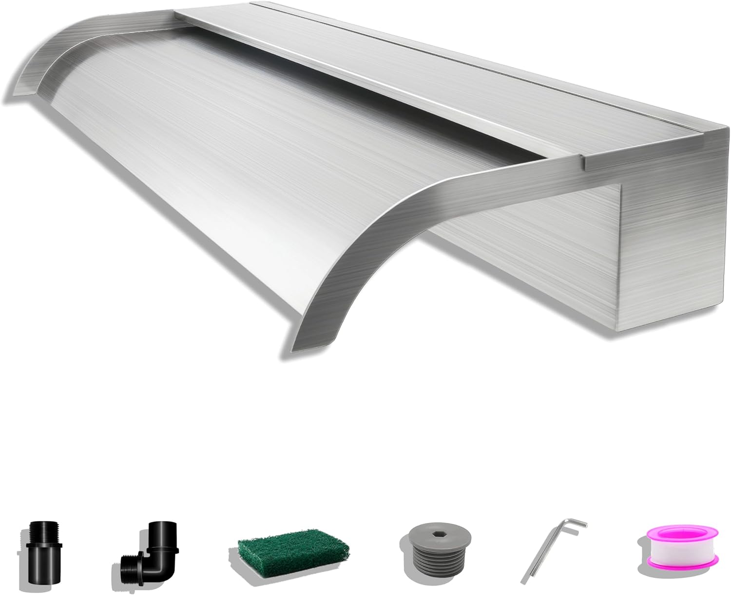 Pond Waterfall Blade Kit, 60cm Stainless Steel Pool Fountain with Accessories, Width 18cm Curved Outlet Spillway for Garden Patio Pond Decoration