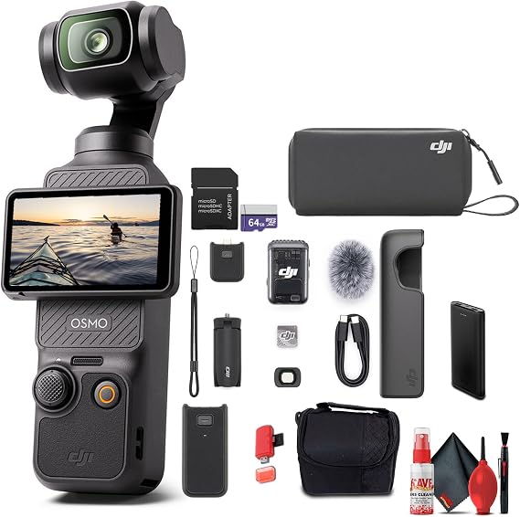 DJI Osmo Pocket 3 Creator Combo 4K 120fps 3-Axis Stabilized Handheld Vlogging Camera Bundle with Touchscreen Mic 2, 64GB Card and More