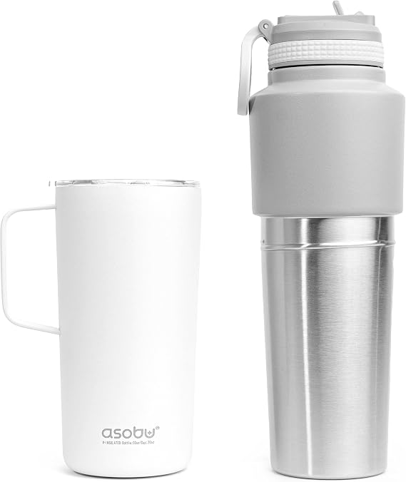 Asobu Insulated Water Bottle Flask with Straw Lid 30 Ounce and Insulated Stainless Steel Coffee 20 Ounce Mug Attached Twin Pack (White)