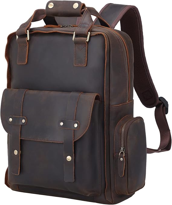 TIDING Mens Leather Backpack 15.6 Inch Laptop Colleage Work Bag | Vintage Business Travel Daypack with Water Bottle Holder, Luggage Sleeve