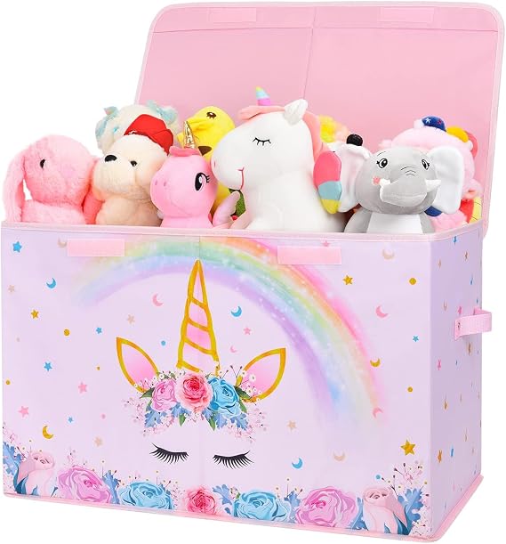 WERNNSAI Unicorn Toy Box - Collapsible Oxford Storage Bin with Handles 25" x 13" x 16" Toys Clothes Books Chest Organizer Cube with Flip-top Lid for Girls Kids Bedroom Nursery Living Room | Toys Clothes Books Chest Organizer Cube with Flip-top Lid for Girls Kids Bedroom Nursery Living Room, 25" x 13" x 16"