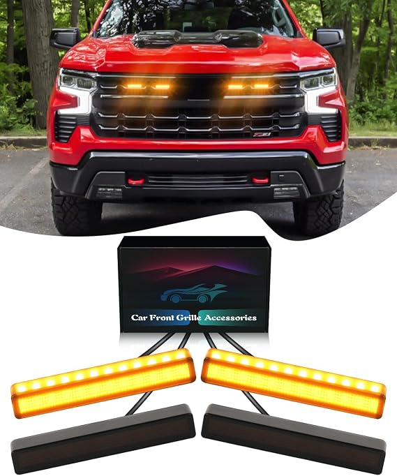 LED Grill Light for 2025 2024 Chevrolet Silverado Raptor Grille Lights Amber Warning Front Bumper Lamp 2019-2023 Silverado Accessories 4Pcs (White)