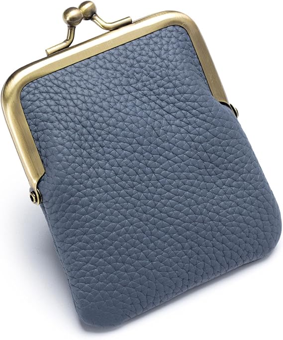 Women Genuine Leather Clutch Coin Purse Mini Kiss Lock Change Purse Wallet Slim Retro Coin holder Purse (Denim Blue)