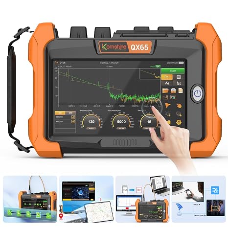Fiber OTDR Tester Built-in OPM OLS VFL WIFI Event Map, 1310/1550nm 32/30dB SM Optical Time Domain Reflectometer 7.0 Inch Touch Screen, 1:132 Fiber Splitters, 128KM Testing Range, FC+SC Green Connector
