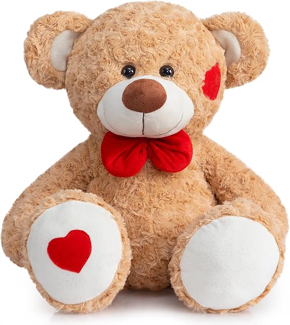 HollyHOME Teddy Bear Stuffed Animal Plush Toy with Red Bow and Heart Patch Soft Cuddly Teddy Bears Holiday Toys for Girlfriend Lover Mom Kids Valentines Birthdays Gifts Home Decor Gift 24 inches Tan