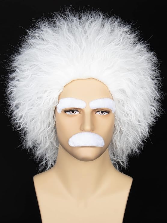 Yan Dream Mad Scientist Wig with Mustache Eyebrows Mens Short Funny White Crazy Wig for Halloween Cosplay