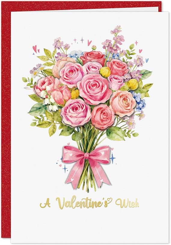 FLYAB 3D Floral Valentines Day Card for Wife, Watercolor Bouquet Gift | Layered Flower, Gold Foil, 5.5x8, with Printed Greeting, Shimmer Envelope & Seal, for Wife, Mom, Friend & Family Love Gift