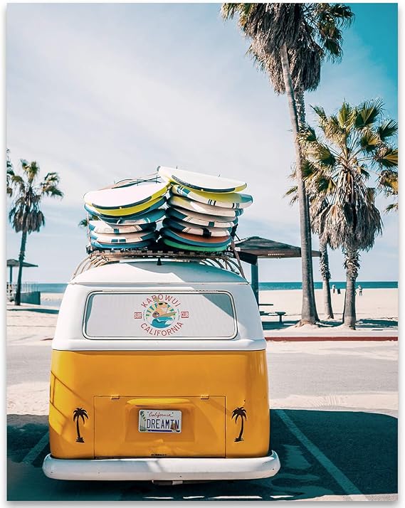 California Dreamin Surf Van - Great Beach House Decor, Hippie Room Summer Vibes Print, Surfing Camp Decorative Surf Boards Wall Art, Great Gift for Surfers, 11x14 Unframed Art Print Poster