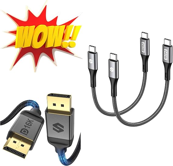Silkland DisplayPort 2.1 Cable 6.6FT + 240W Short USB C to USB C Cable (1FT, 2 Pack)
