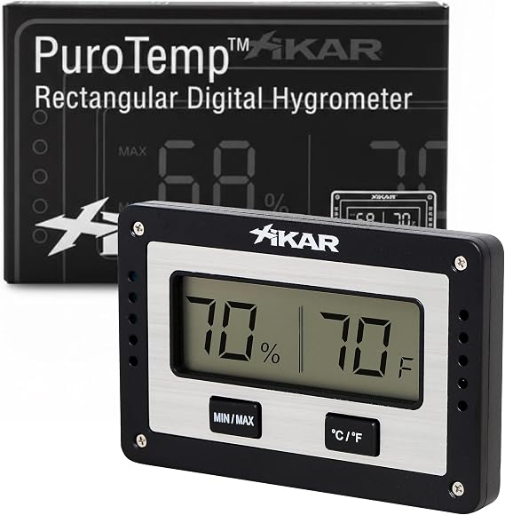 XIKAR PuroTemp Rectangular Digital Hygrometer Digital Thermometer with Humidity Sensor Temp and Humidity Monitor for Humidor, Easy to Calibrate, Fast Refresh Readings, Lightweight Black
