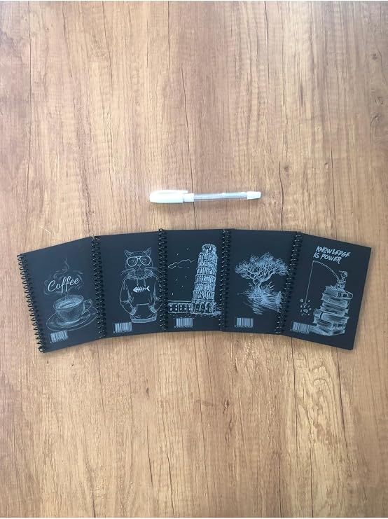 Siyah Yapraklı Spiralli A6 10x14 Cm Mini Defter 1 Adet 30 Yaprak 60 Sayfa & Beyaz Jel Kalem Hediyeli Siyah