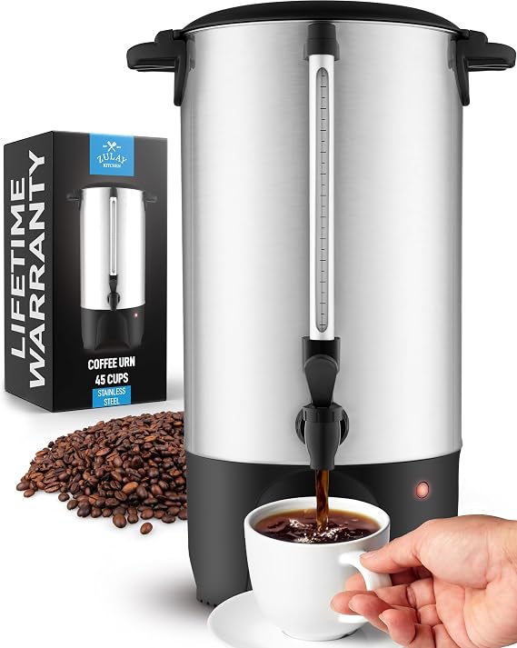 Zulay Commercial 45 Cup Coffee Urn - Stainless Steel Coffee Maker With Twist-Lock Lid & Cool-Touch Handles - Quick Brewing Coffee Maker With Keep Warm Mode For Events & Catering - Silver