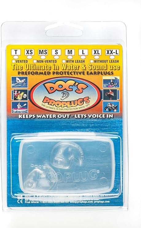 Extra Large Vented Docs Proplugs Clear Non-LEASHED Reusable Earplugs for Surfing, Swimming, Diving & Water Sports | Blocks Cold Water & Wind | Helps Equalize Pressure | Made in USA