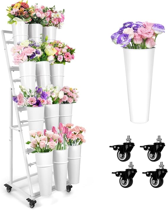 Flower Display Stand With 12 Buckets,4-Tier Flower Bar with Wheels,Flower Cart Display Stand for Florist Garden Wedding Home Decor (White)