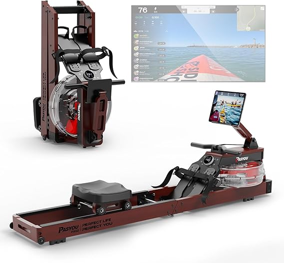 PASYOU Water Rowing Machines for Home Use Wood Rower Machine Foldable 350LB Weight Capacity, 6 Levels Adjustable Row Machines with Monitor & Tablet Holder & 14L Tank, Bluetooth with Kinomap APP PW60B
