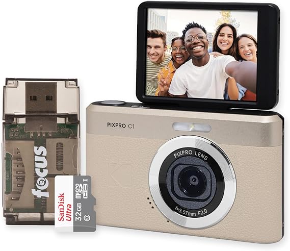 KODAK PIXPRO C1 13MP, 1080p Digital Camera Tan Bundle with 32GB MicroSD Card and Card Reader 3-Items