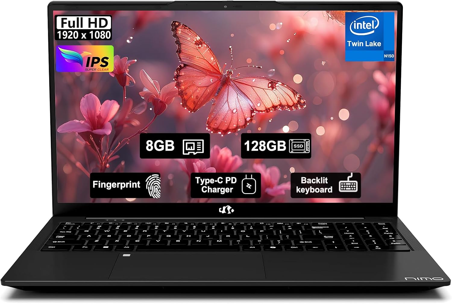 NIMO 15.6 FHD IPS Student-Laptop-Computer - 8GB RAM 128GB SSD, 4 Cores 13th Gen Intel N150Beat to i3-1115G4, Up to 3.6GHz, 65W GaN Type-C, Fingerprint, Backlit Keyboard, Wi-Fi 6, BT5.2, Numpad