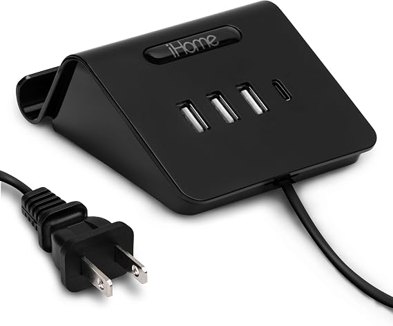 iHome 4 Port USB Charging Hub, 3 USB-A, 1 USB-C, Smartphone Dock, 6ft Power Cord, Lightweight & Portable
