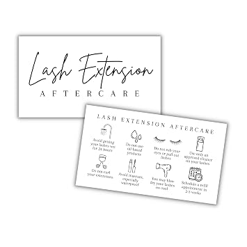 Lash Aftercare Extension Care Cards | 50 pack | Eyelash False 2 x 3.5 inches symbols 2-3 week refill instructions minimalist gold foil appearance pink white and black how to care for your extensions