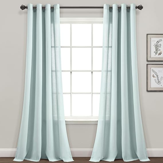 Lush Decor Faux Linen Grommet Window Curtain Panel Pair 52" W x 84" L Blue - Linen Curtains for Bedroom - Blue Curtains for Living Room