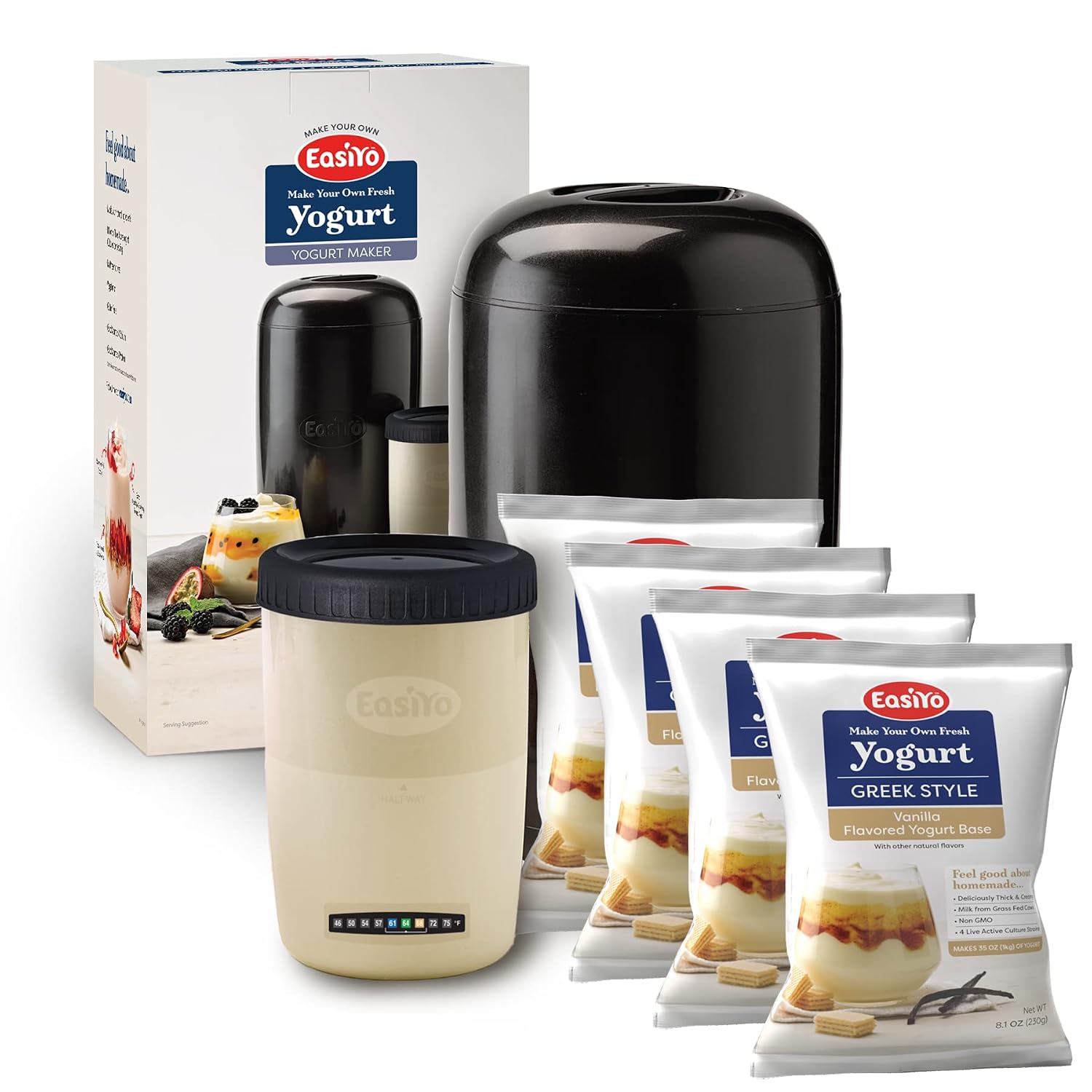EasiYo Yogurt Starter Kit | EasiYo Yogurt Maker & Storage Jar  4 Greek Style Vanilla Flavored Yogurt Base 35oz, Makes 28 Servings | Fresh Homemade Yogurt | New Zealand Milk from Grass Fed Cows