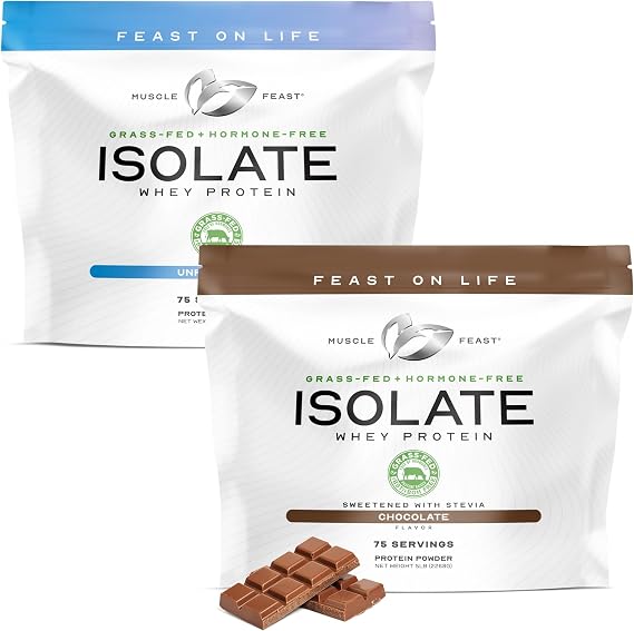 Muscle Feast Bundle Grass-Fed Whey Protein Isolate Unflavored 5lb (1 Unit) + Grass-Fed Whey Protein Isolate Chocolate 5lb (1 Unit), All Natural Hormone-Free Pasture Raised