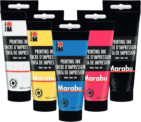 Marabu Fabric Screen Printing Ink Set 5 Water-Based Colors: Yellow, Magenta, Cyan, Buff Titanium Light, Carbon Black 100ml (3.38 fl oz) Tubes