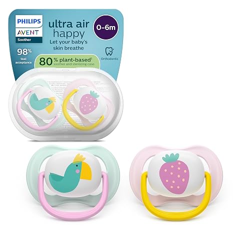 Philips Avent ultra air Schnuller – kiefergerecht geformtes Design für Babys 0–6 Monate weicher symmetrischer Silikonsauger BPA-frei mit Sterilisationsbehälter 2er-Pack SCF080/24
