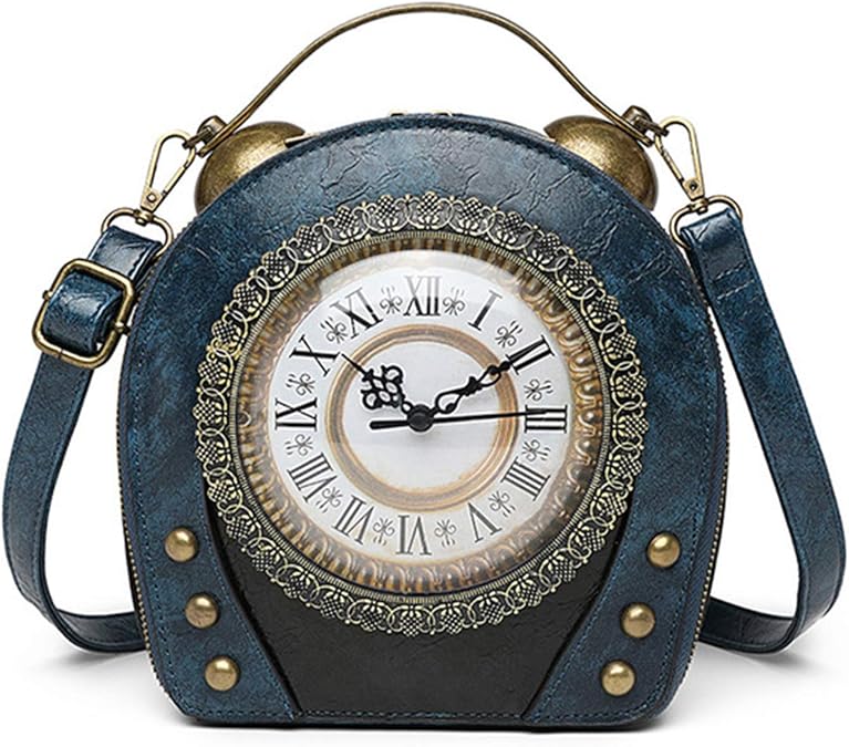 Real Working Clock Handbags Purse Antique Steampunk Shoulder Bag PU Messenger Bag, Blue