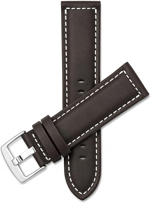 Bandini Mens XL Extra Long Leather Watch Band or Regular Strap, Classic or Buffalo Pattern - 4 Colors, With or Without Stitch - 18mm 20mm 22mm 24mm 26mm 28mm 30mm Leather Watch Band for Men