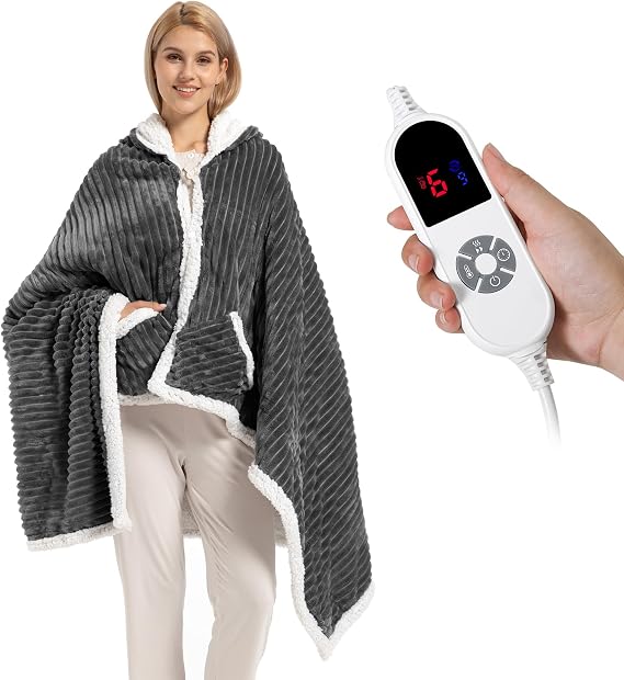 Electric Blanket Heated Throw, Soft Flannel & Sherpa Wearable Heated Blanket Hoodie, Heated Shawl Wraps for Gift with 6 Heating Levels & 12H Auto Off, ETL Certified, Home Office, 40x70 Inch, Dark Grey