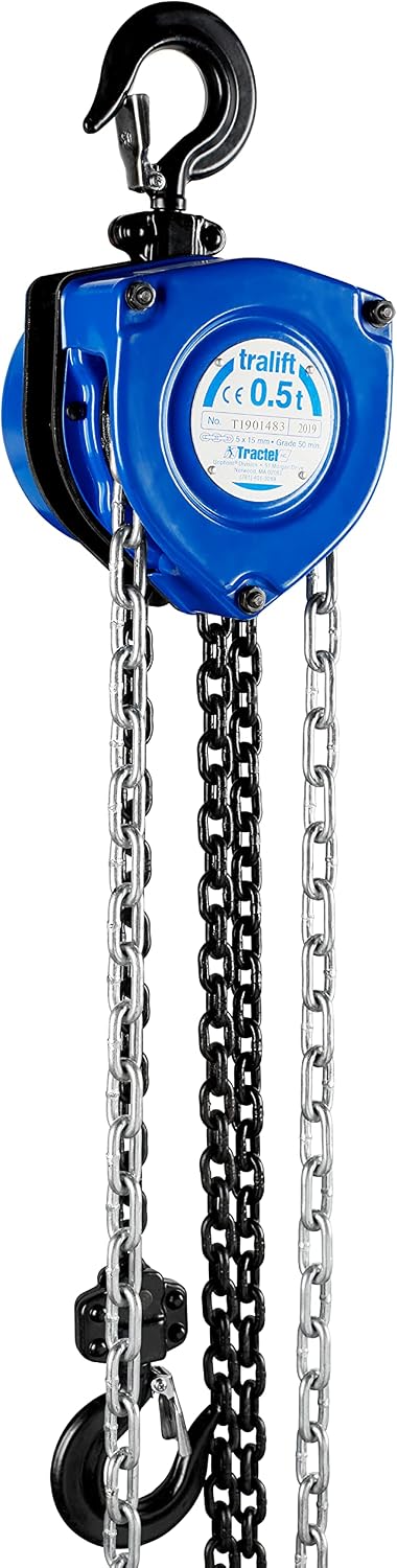 Tractel 手動チェーンホイスト | 1/2トン - 1000ポンド容量 | 10フィートのスチールチェーン | 工業グレードのスチール 建設、作業場、ガレージ用 | Tralift 19709