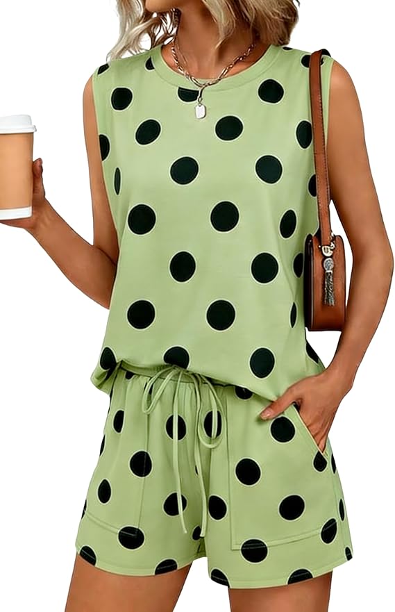 Hooever Women's Polka Dot Loungewear Set for Women Casual Summer Sleeveless Tank and Shorts with Pockets