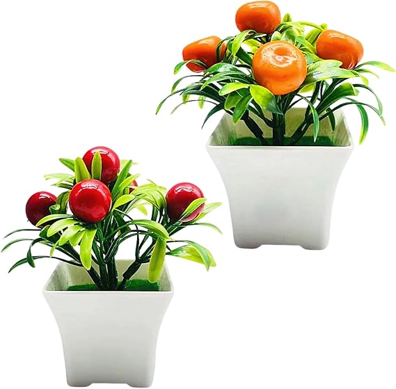 2 x Artificial Bonsai Tree Artificial Fruits Fruit Tree Orange Tree Fake Potted Plant Small Artificial Indoor Plants Decoration Fruit Tree for Windowsill Desk Garden (A)