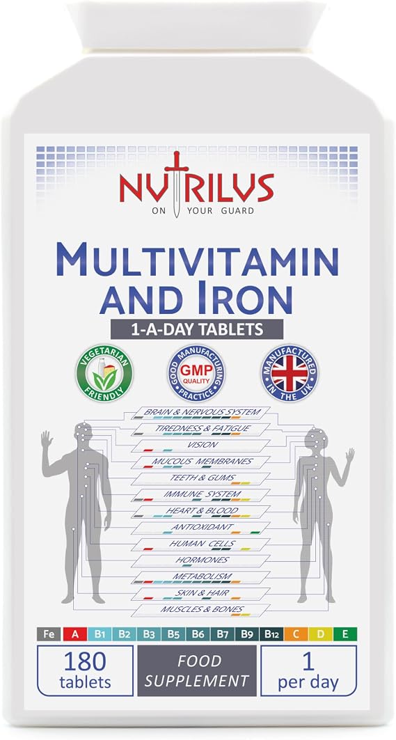 Multivitamin and Iron 180 Daily Tablets - Vitamins A B C D E | Immune & Energy & Nervous System - High Strength – Vegetarian - UK Made Supplement