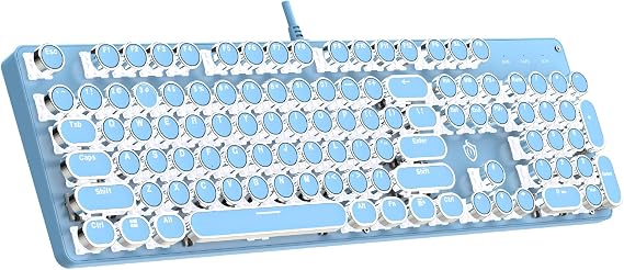 Typewriter Mechanical Gaming Keyboard with White Light Backlit Red Switches, 104 Keys Retro Round Keycap, Wired Typewriter Style Comfortable Typing Soud (Blue)
