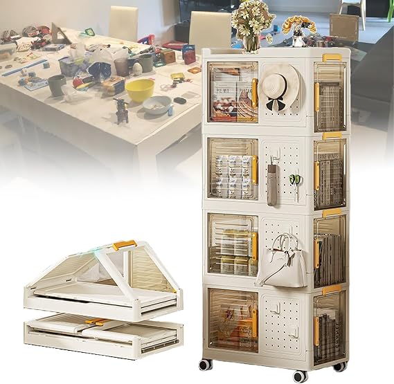 Large Stackable Storage Organizers with Wheels, Foldable Plastic Storage Cabinet, Clear Closet Organizer with Lids and Doors, for Storing Pantry Kitchen Bedroom,4 Pack