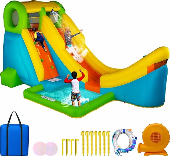 Sportspower Half Pipe Large Outdoor Inflatable Water Slide with Basketball Hoop, Climbing Wall & Splash Pool, Heavy Duty, Backyard Summer Fun, on 450W Blower, Backyard Waterpark