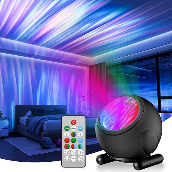 KIBTOY Northern Lights Projector with Remote, LED Night Light Projector & Mood Lighting for Bedroom, 7 Colors & 10 Light Modes Adjustable Speed & Brightness Party Room Decor Teen Girl Boy Gift (Black) [Energy Class A+++]